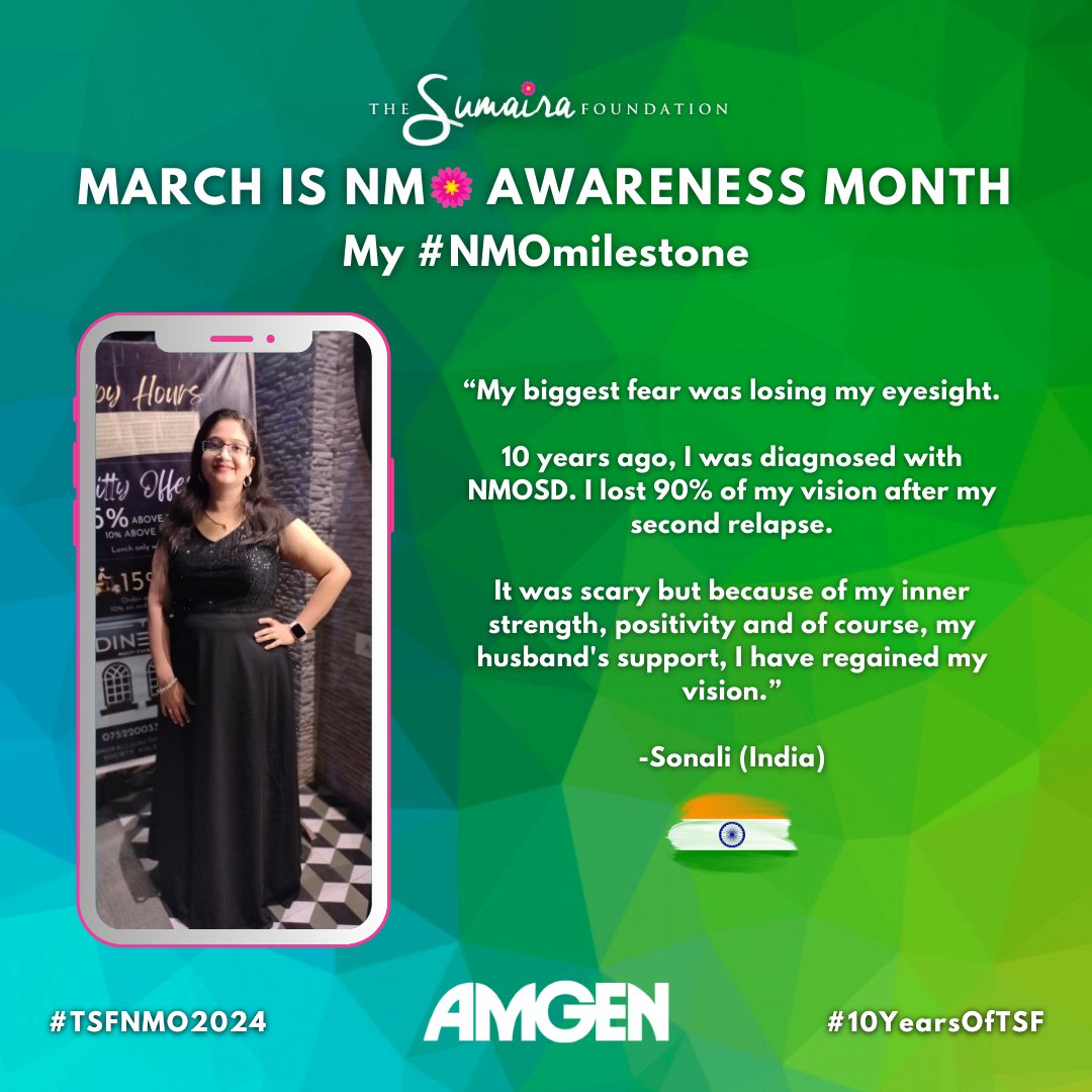 "My biggest fear was losing my eyesight. 10 years ago, I was diagnosed with #NMOSD. I lost 90% of my vision after my 2nd relapse. It was scary but because of my inner strength, positivity and of course, my husband's support, I have regained my vision," Sonali 🇮🇳

#NMOmilestone