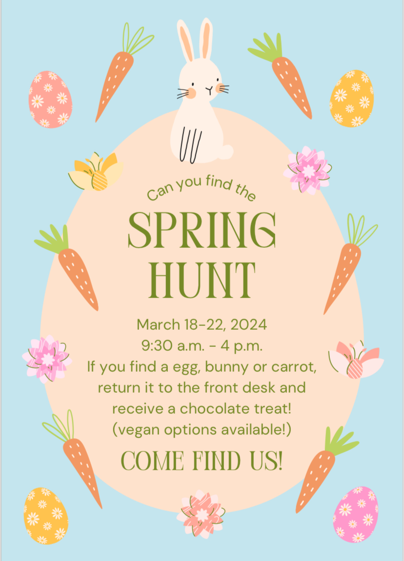 🐰🐣💐 It's time for the Spring Egg Hunt! 🐰🐣💐 Every day this week you can find hidden treats around the Freeman Centre! 🍭 If you find an egg, bunny or carrot, be sure to bring it along to our friendly reception team to exchange it for a choccy! (vegan options available) 😋🍫