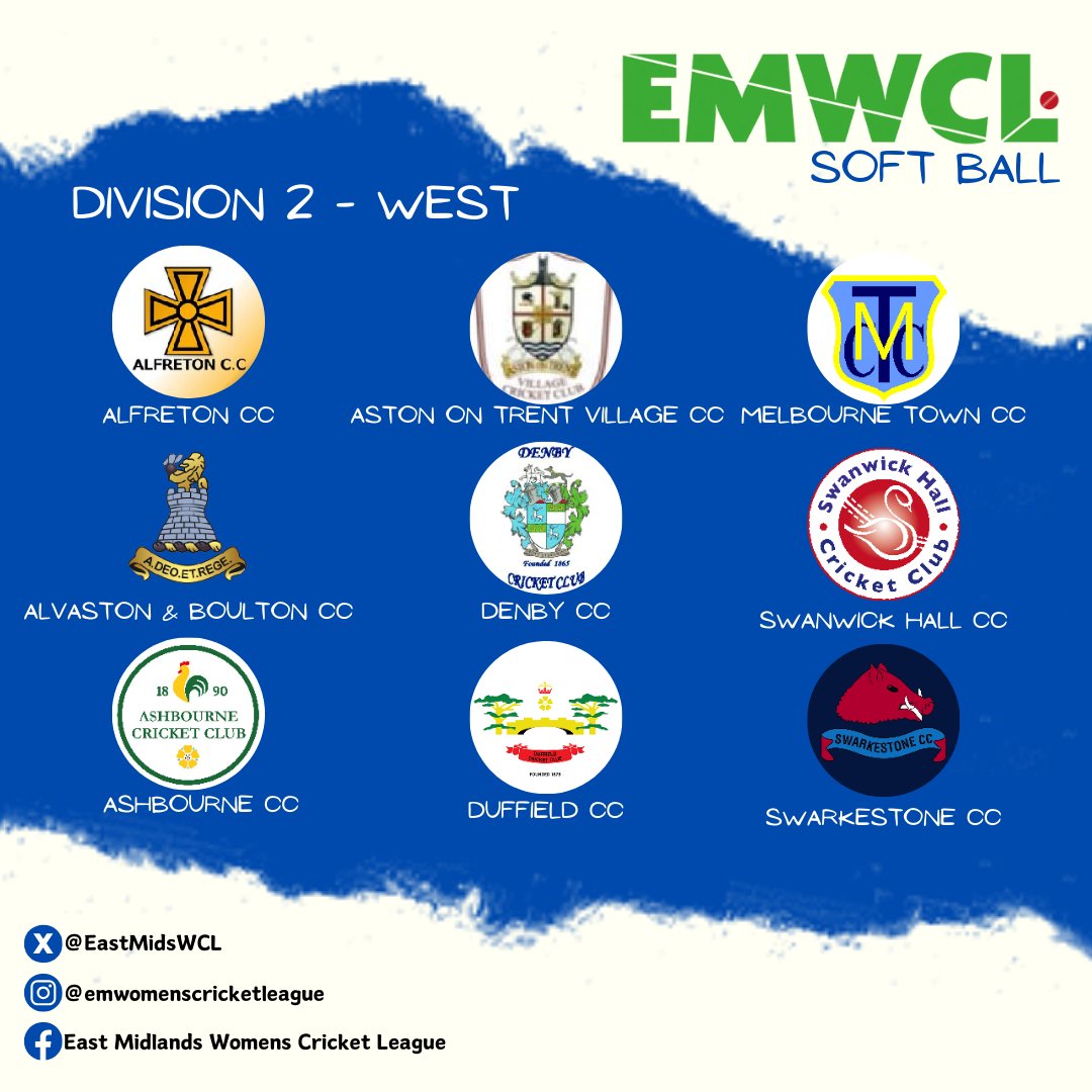 Countdown to the Season... Our countdown to the 2024 season is on and first we take a look at our Softball Divisions! Div 2 - West @AlfretonCC @aandbcc @AshbourneCC @AOTVCC_2015 @DenbyCC @Duffieldcc @Melbourne_Town @swanwickhallcc @SwarkestoneCC