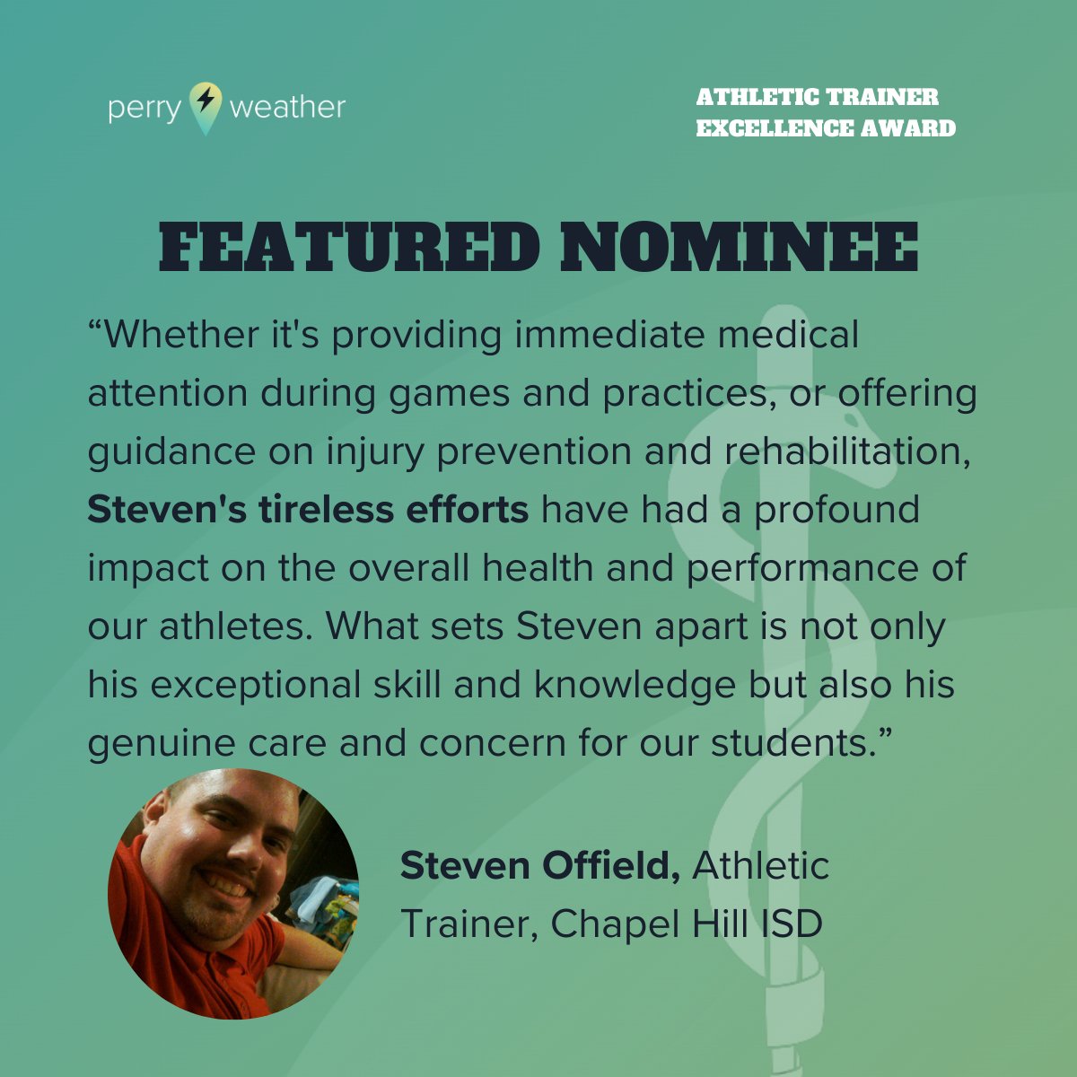 Our featured AT Excellence Award nominee is @DawgTrainer2020 Steven Offield, Athletic Trainer at @ChapelHillISD Know a great AT who deserves this award? Nominations are open until March 31st at 11:59PM CST. Head to the link below to learn more and nominate an AT today!
