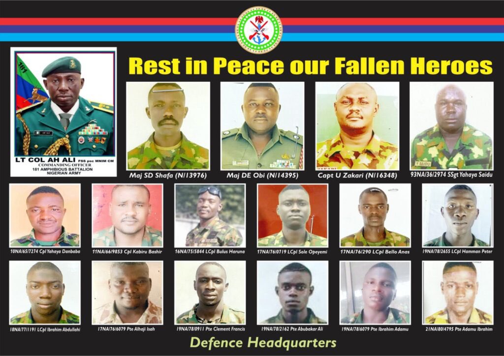 The military personnels (armies) who have lost their lives due to an ambushed to rescue a residents in Delta state. We pray for your martyrs. We pray may Allah forgive your  shortcomings. 

Rest in peace our fallen heroes.