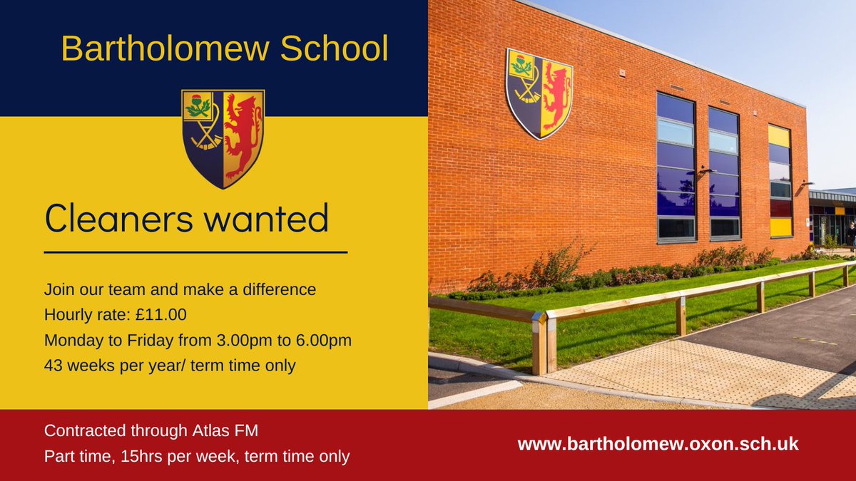 We are looking to increase our team of #cleaners at Bartholomew School. If you are interested or know someone who is, please get in touch via the link or repost, thank you! 👉bit.ly/EynshamJob #schooljobs #eynshamjobs