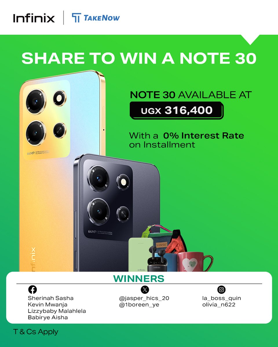 infinixuganda's tweet photo. Congratulations to our second batch of Share and win winners
Kindly Inbox us to pick your prizes STRICTLY between Monday- Thursday from 10am-12pm.
#NOTE30 https://t.co/rw4O3n0J6p