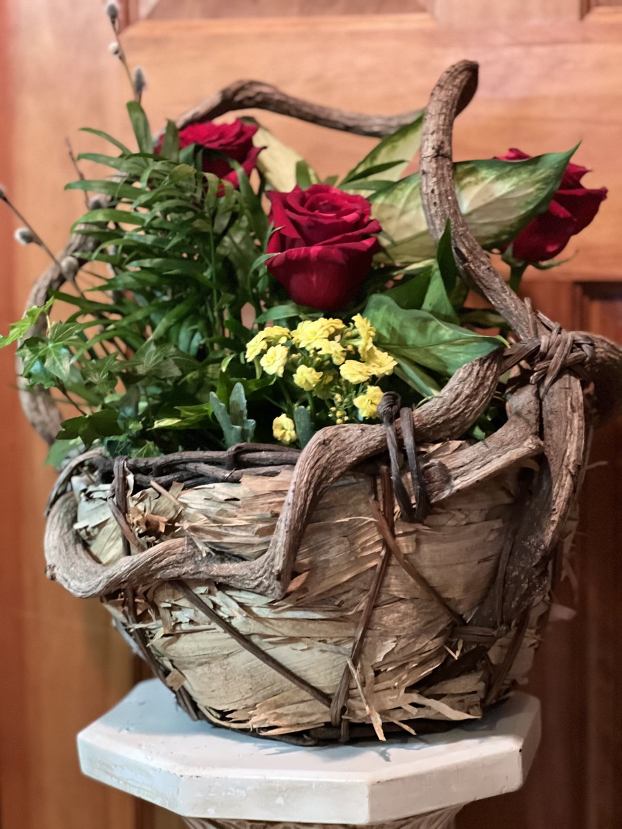 #HappyFirstDayofSpring #Springtime #plantbasket #rustic #keepsake #oneofakind #twistedwood #basket #plants #roses #specialevent #womanowned #florist #greenfieldWi