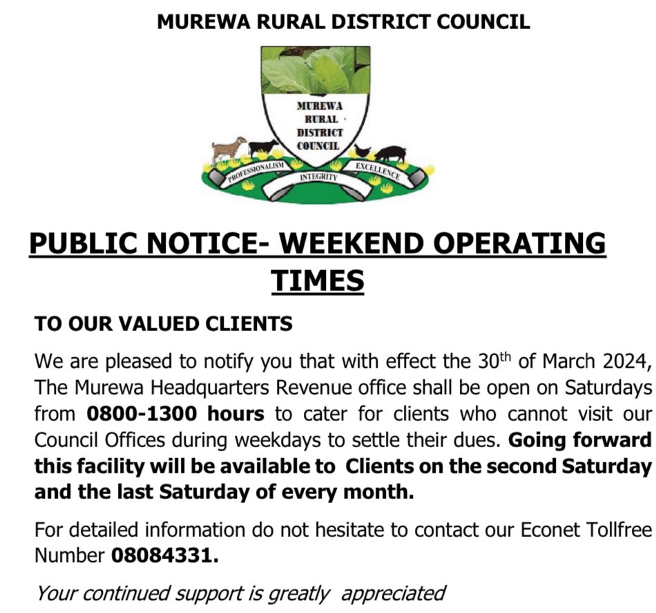Public Notice-Weekend Operating Times
