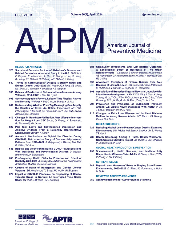 AmJPrevMed's tweet photo. Our April 2024 issue is out now! 

View the full article listing at https://t.co/x3LurbsrJl https://t.co/wYXfsYdd4k