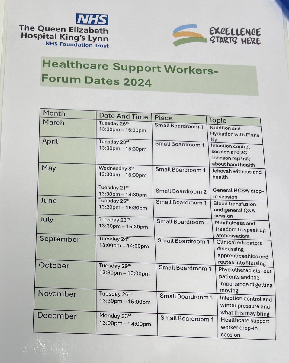 Starting next week  
HCSW Forums 
For all HCSW to come and have a education catch up and some sessions are just drop in touch point sessions 
Come along and join us