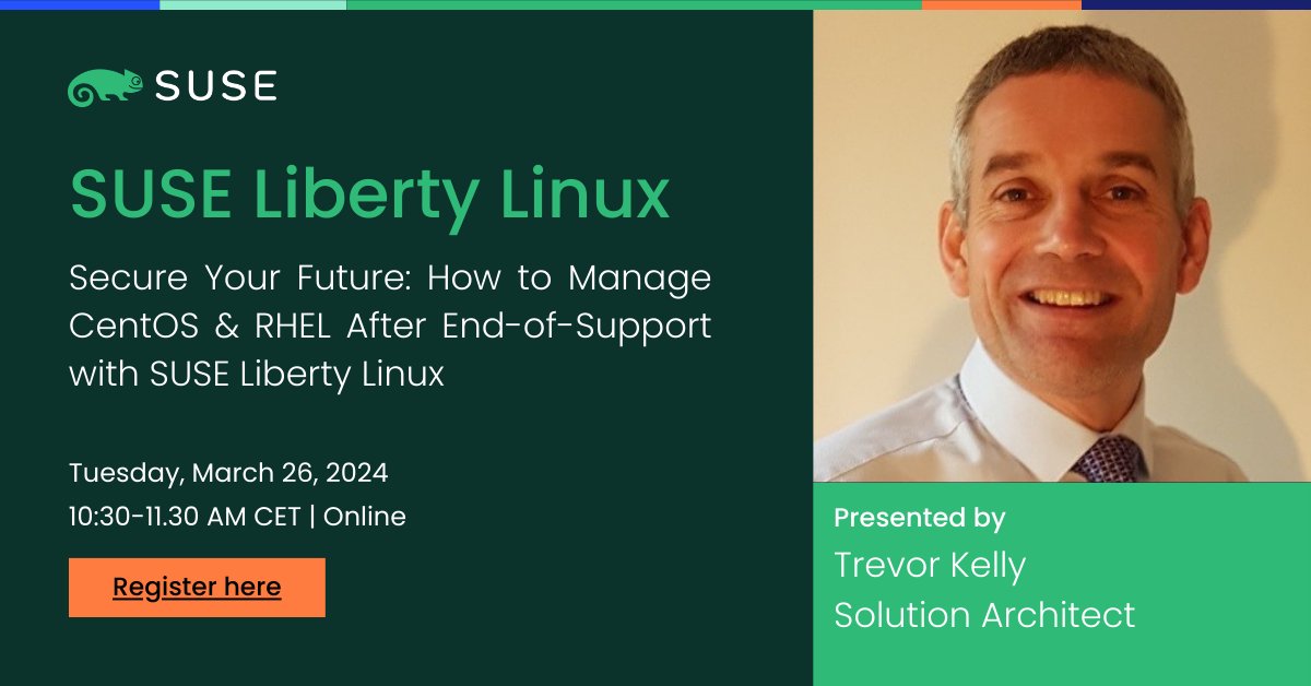 SLES4SAP's tweet image. Join us for a free tech webinar on March 26 with Trevor Kelly. We&apos;ll take a deep dive into how you can maintain and prolong your existing #Linux distribution with #SUSE Liberty Linux. 🚀 Don&apos;t miss this opportunity to elevate your Linux experience and un infl.tv/nYtj