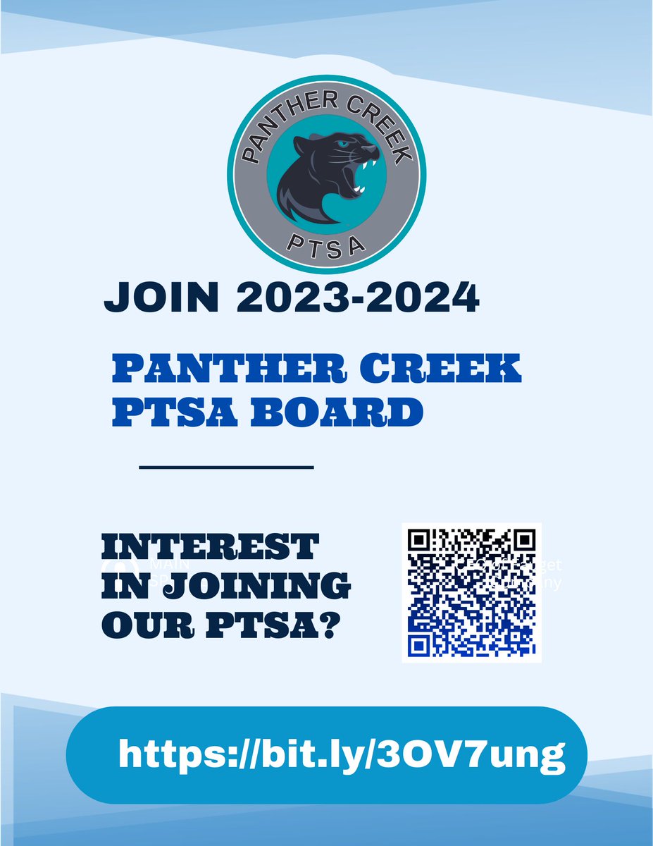 Interested in joining the PTSA at Panther Creek? We have positions on the Board open! See the QR code to sign up!