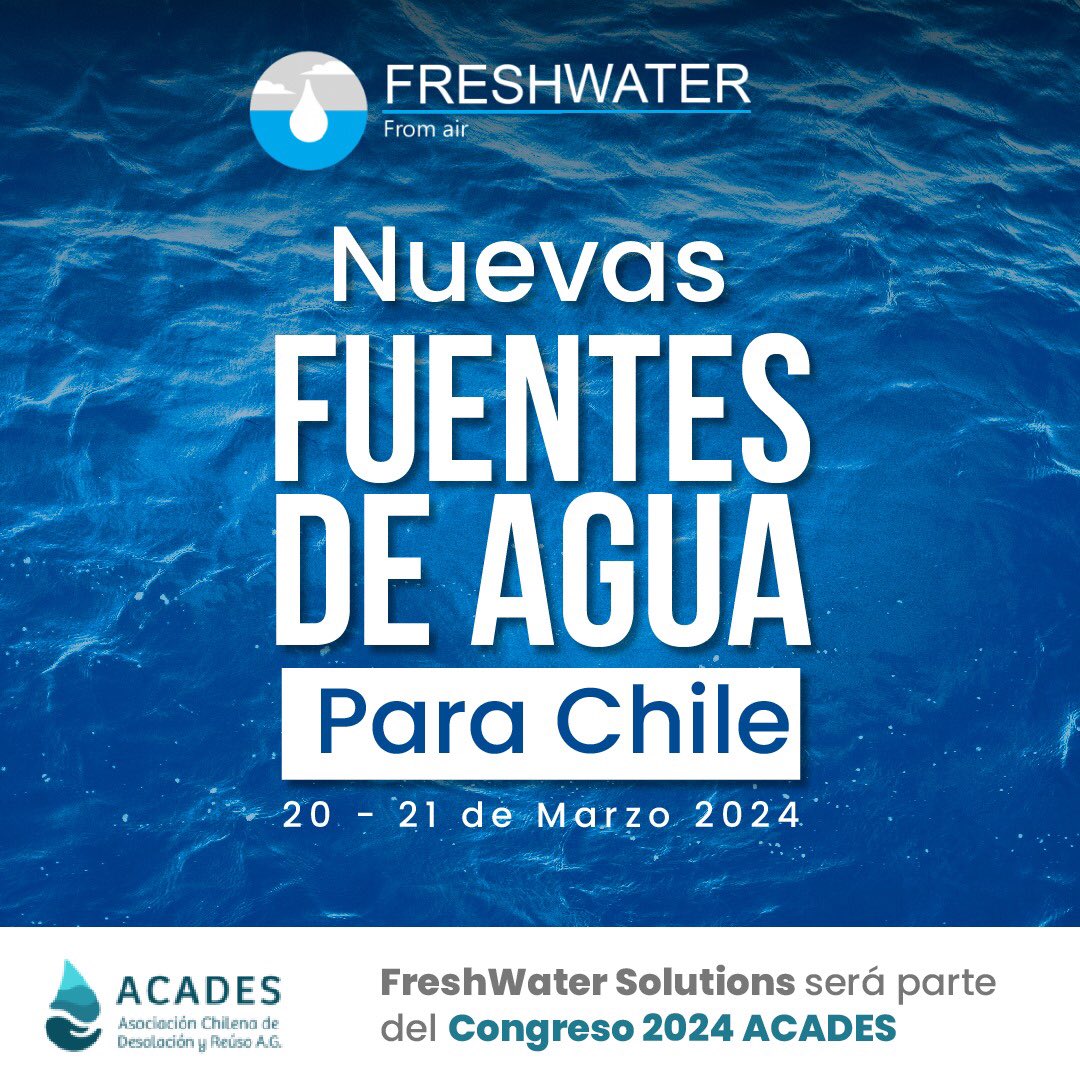 💧 Estaremos presentes en Congreso <a href="/AcadesAG/">Asociación Chilena de Desalación y Reúso</a> 2024. 
Impulsando fuentes alternativas de Agua a partir del Aire, una solución hídrica sustentable y renovable para el abastecimiento de la población nacional, mejorando calidad vida y salud. #impactosocial #impactoambiental