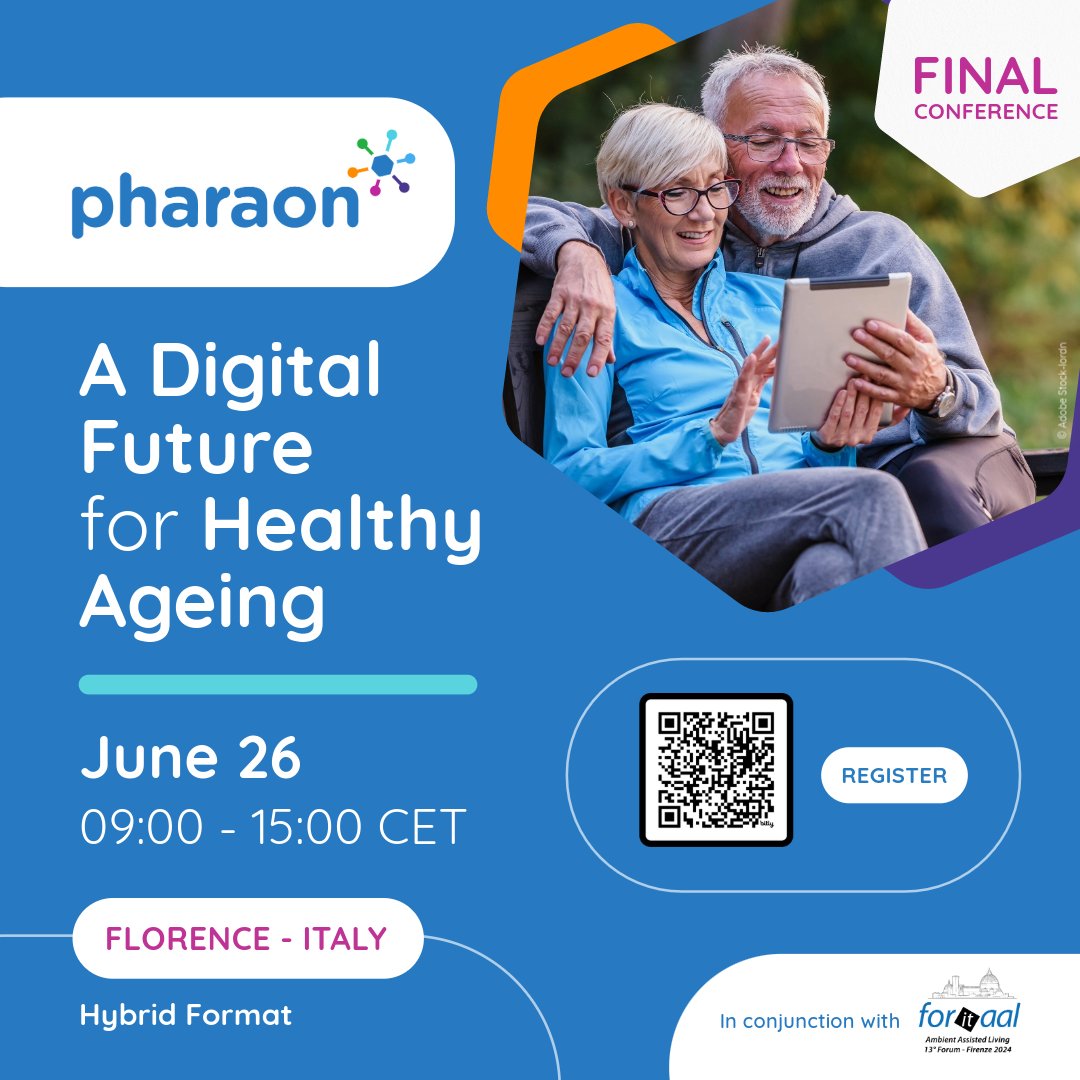 📣 Calling all researchers, health and social care professionals, #caregivers, and those interested in smart and #healthyageing! 
Join us for the  #PharaonFinalConference, in collaboration with #ForItAAL.👇

📅 26 June | Florence
📝 Register: bit.ly/ph_finalconfer…
Hybrid Event