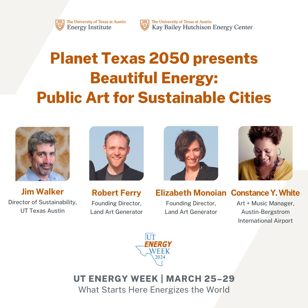 Planet Texas 2050 (@planet_tx) on Twitter photo Join us for #Energy Week from <a href="/EnergyUT/">UT Energy Institute</a> on Thursday, March 28. Founders of <a href="/poweredbyart/">Land Art Generator</a> join public art expert <a href="/art_profiler/">Constance Y. White</a> and <a href="/UTAustin/">UT Austin</a> Director of Sustainability Jim Walker to discuss the intersection of art, infrastructure, and energy. RSVP: bit.ly/4a2s6Ce Join us for #Energy Week from <a href="/EnergyUT/">UT Energy Institute</a> on Thursday, March 28. Founders of <a href="/poweredbyart/">Land Art Generator</a> join public art expert <a href="/art_profiler/">Constance Y. White</a> and <a href="/UTAustin/">UT Austin</a> Director of Sustainability Jim Walker to discuss the intersection of art, infrastructure, and energy. RSVP: bit.ly/4a2s6Ce