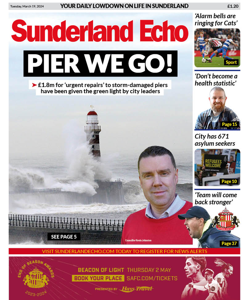 Very striking front page design by Aidan Townsend as the @SunderlandEcho lead on a @ChrisBindingLDR story on urgent repairs needed to the city's storm-damaged piers, which have been given the go-ahead by @SunderlandUK. Also, 'alarm bells are ringing' for @SunderlandAFC. #city