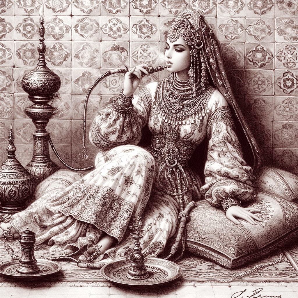 HatemSherbieny's tweet photo. "Odalisque", Cairo at 16th century, Mamluk era, (aesthetic inspired by orientalists lithographs) .

#odalisque #orientalists #digitalart #leonardoai #bing #dalle3 #ArtistOnTwitter #AIArt #AIArtGallery #AIartSociety #AIArtwork #AICommunity #aiartist #Digitelillustration https://t.co/MUVSWWKUyr