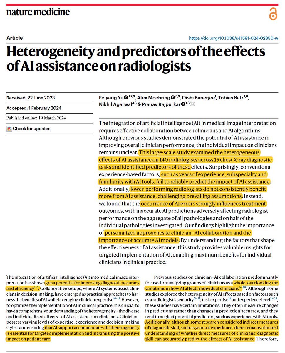 When #AI support was provided to 140 radiologists, there was marked variability and unpredictability as to its impact on performance nature.com/articles/s4159… @NatureMedicine @pranavrajpurkar @feiyangkathyyu