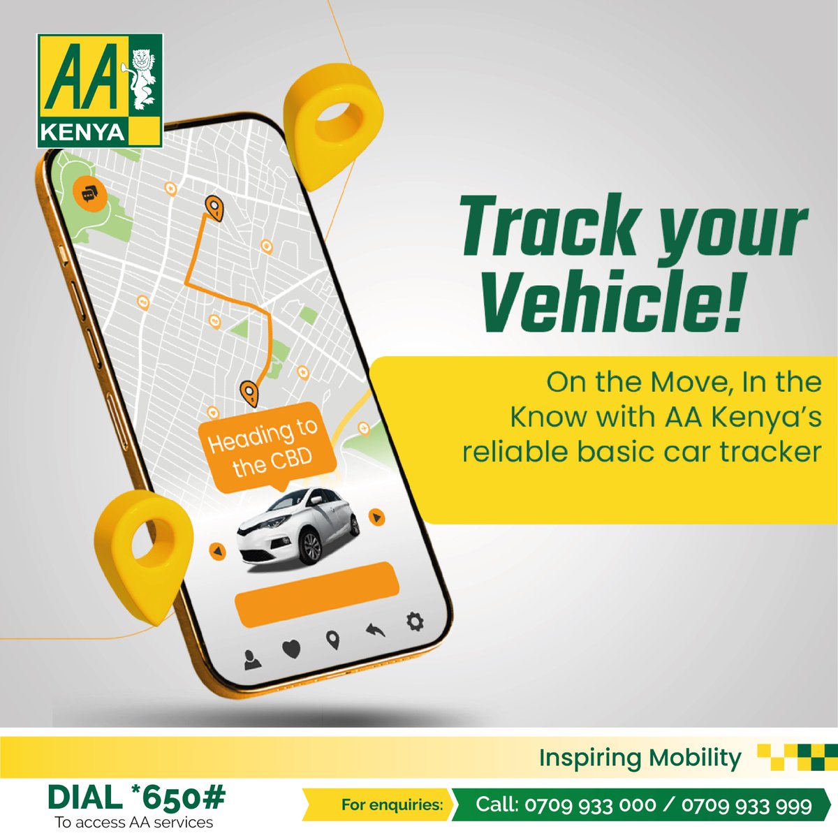 AA basic car tracking enables real-time monitoring of vehicles via phone, laptop, or iPad. Our solution provides the following features: Location, mileage, speed, and battery function. For more info, call us on 0709933000
#AAKenyacares #VehicleTracking #InspiringMobility