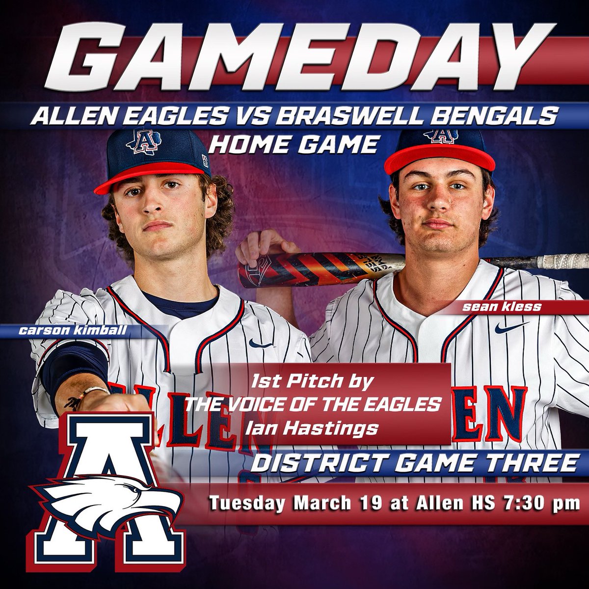 Home Run Club (@alleneagleshrc) on Twitter photo BASEBALL TODAY!
⏰ JV 4:30
⏰ Varsity 7:30
🆚 Denton Braswell
🏟️ Allen High School Baseball Fields
🎟️ Cash or my.hometownticketing.com/agency/eea7d32…
💻 Varsity sportsgram.net
👕 Wear WHITE
😃 <a href="/carsonkimball17/">Carson Kimball</a> <a href="/SeanKless/">Sean Kless</a>
📸 <a href="/bigedmachine1/">Eddie Kelly</a> BASEBALL TODAY!
⏰ JV 4:30
⏰ Varsity 7:30
🆚 Denton Braswell
🏟️ Allen High School Baseball Fields
🎟️ Cash or my.hometownticketing.com/agency/eea7d32…
💻 Varsity sportsgram.net
👕 Wear WHITE
😃 <a href="/carsonkimball17/">Carson Kimball</a> <a href="/SeanKless/">Sean Kless</a>
📸 <a href="/bigedmachine1/">Eddie Kelly</a>