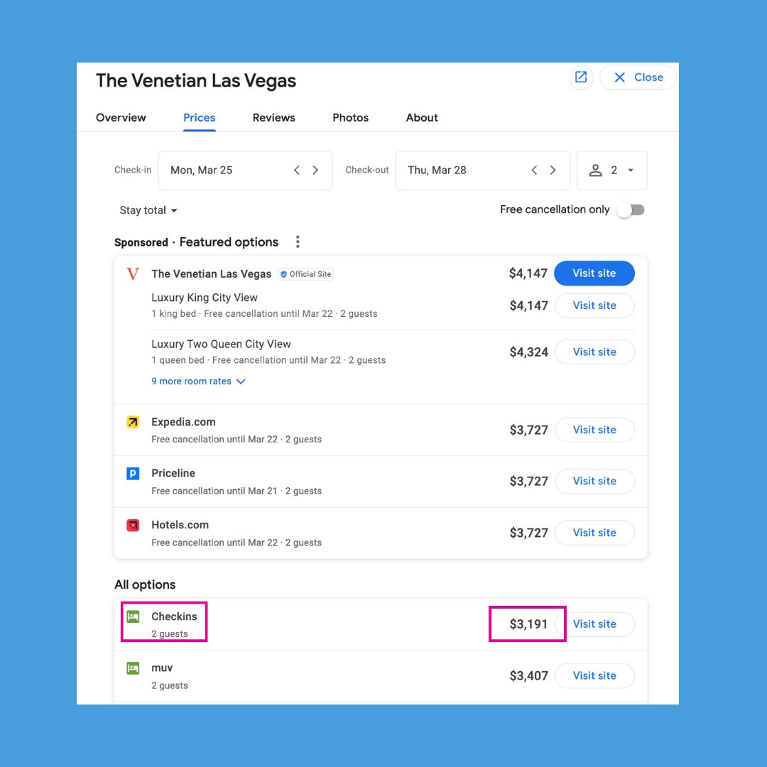 CheckinsAI's tweet photo. Exciting news from https://t.co/JE33WGn4Vz! 🏨🔍 We're thrilled to unveil our latest feature that's transforming the way you book hotels: price comparison right on Google search results! https://t.co/7DqCQUQukU