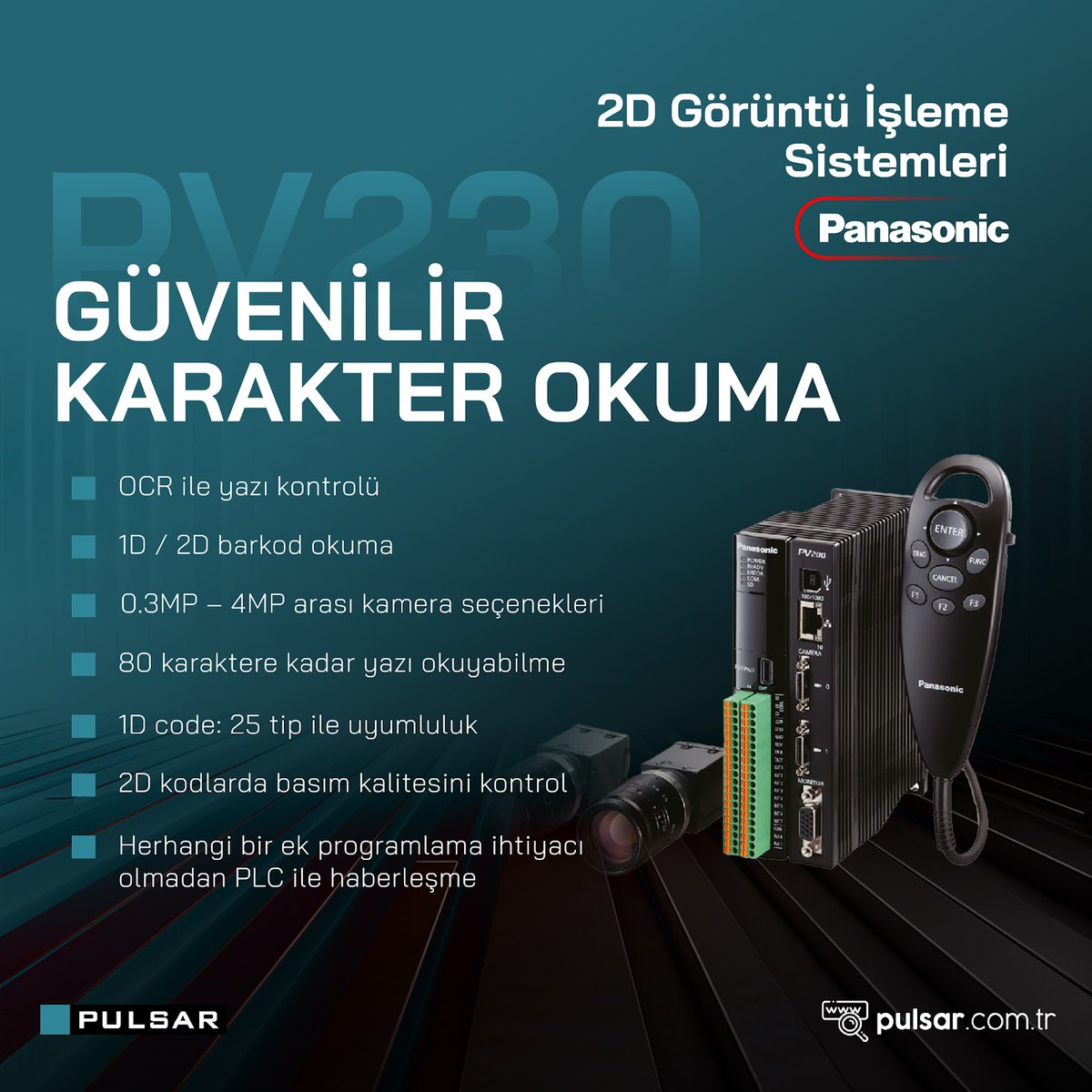 PV230 Görüntü işleme sistemi, PV200′ ün tüm özelliklerine ek olarak, OCR (Optical Character Recognition) (yazı okuma) ve CR (code-reading) (barkod okuma) becerisine de sahiptir. #pulsarrobotik #robotik #panasonic #pv230 #görüntüişleme #otomasyon