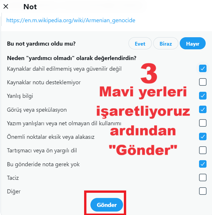 Kardeşlerim ekteki tweetin altına ülkemizi karalayıcı, yalan yanlış propagandaları içeren bir bağlam (community notes) eklenmiş. Bunu elbirliği ile değiştirelim. Sırasıyla yapılacakları görsellerde gösterdim. Daha önce başardık. Şimdi de tek yumruk olup şu işi halledelim.