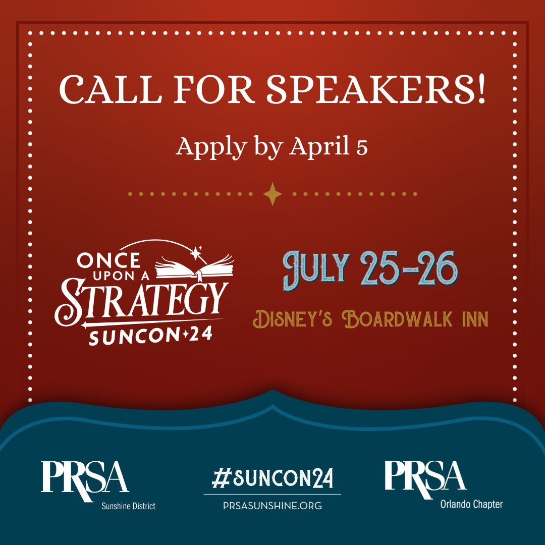 🎤 Calling all industry experts and thought leaders! Share your insights at #SunCon24, PRSA Sunshine District’s annual conference on July 25-26 at Disney’s BoardWalk Inn. 🌟 Apply now to become a speaker and inspire professionals statewide👉   buff.ly/43aDAAo