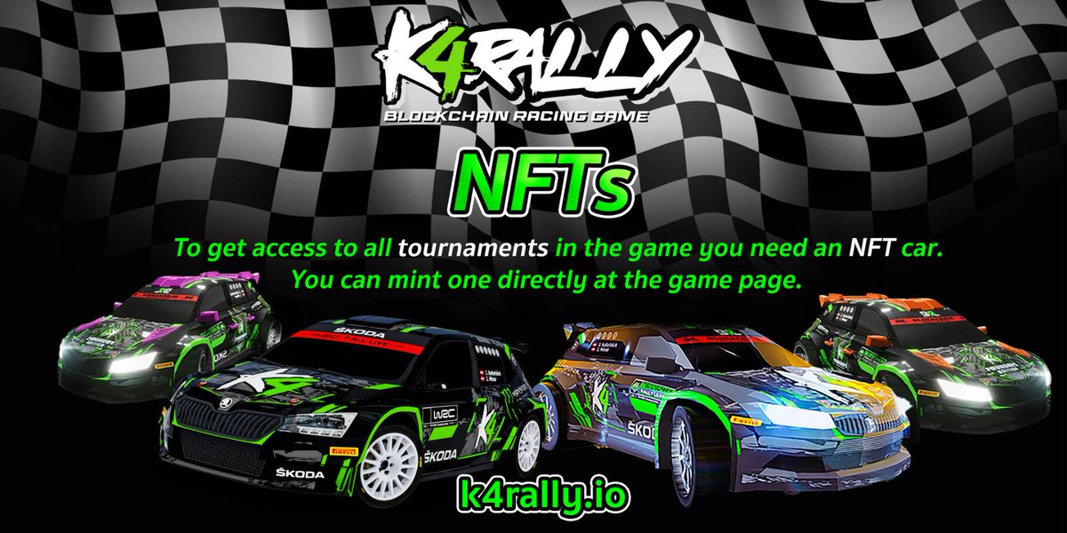k4rally's tweet photo. 🏁To get access to all tournaments in the game, you need an NFT car 🏁

You can mint one directly on our game page 🏎️

Visit K4 Webpage: https://t.co/SKaPzUDWEF

#K4Rally #BlockchainGaming #NFT #NFTCar https://t.co/MoD0bUy7ux