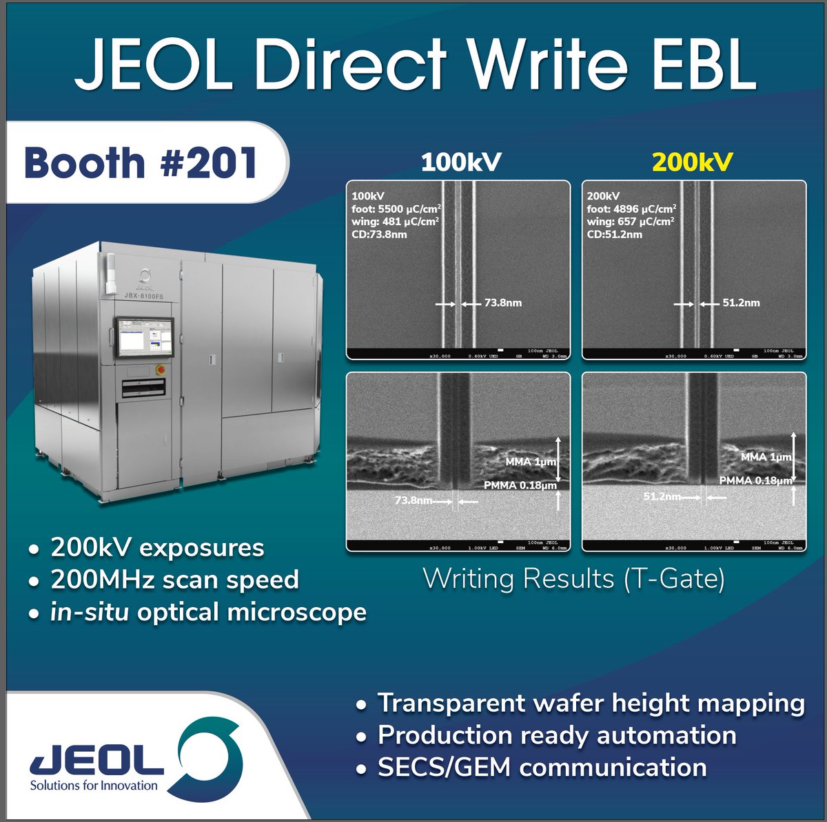 JEOLUSA's tweet photo. We're at #GOMACHTech this week with the latest in #ebeam technology. Come see us in booth 201! #EBL #DirectWrite #Photonics #Quantum #Tgates. https://t.co/SAua3CDOCm