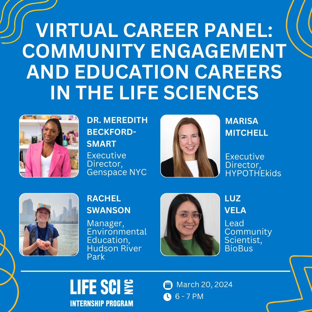 Can't wait for the Virtual Career Panel: Community Engagement & Education Careers in the #LifeSciences, hosted by @LfSciNYCInterns. Tune in March 20 at 6pm to hear #wisewords about #STEAMcareer pathways and effective community engagement strategies from our Executive Director.