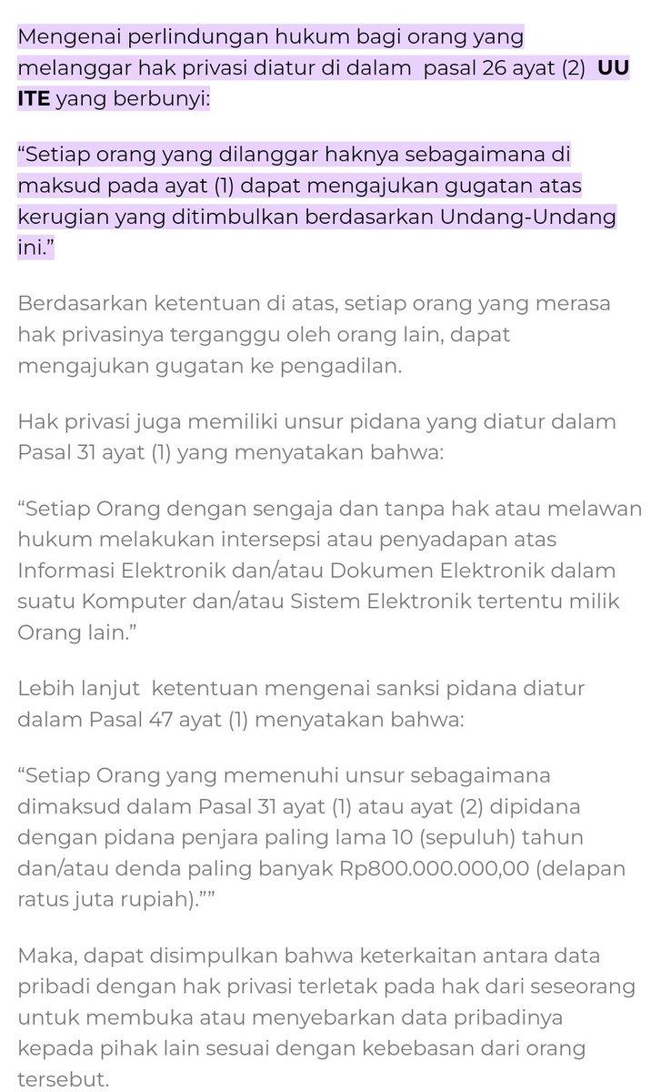 casuarineslove's tweet photo. Setuju 💯 dan secara hukum dan undang-undang, ia merupakan kesalahan BERAT baik di Malaysia atau di Indonesia.

Undang-undang Malaysia untuk penyebaran hak peribadi adalah:

Hukuman berat denda sehingga RM500,000 termasuk penjara tiga (3) tahun akan dikenakan terhadap mana-mana pihak tidak bertanggungjawab yang membocorkan maklumat dari platform peribadi pihak ketiga tanpa persetujuan oleh pemegang akaun tersebut di bawah seksyen 130 Akta Perlindungan Peribadi 2010 (Akta 709), ia menjadi satu kesalahan berat apabila maklumat peribadi dibocorkan menerusi apa-apa platform termasuk internet.

Dan untuk Indonesia adalah seperti yang tertera di bawah harap maklum: