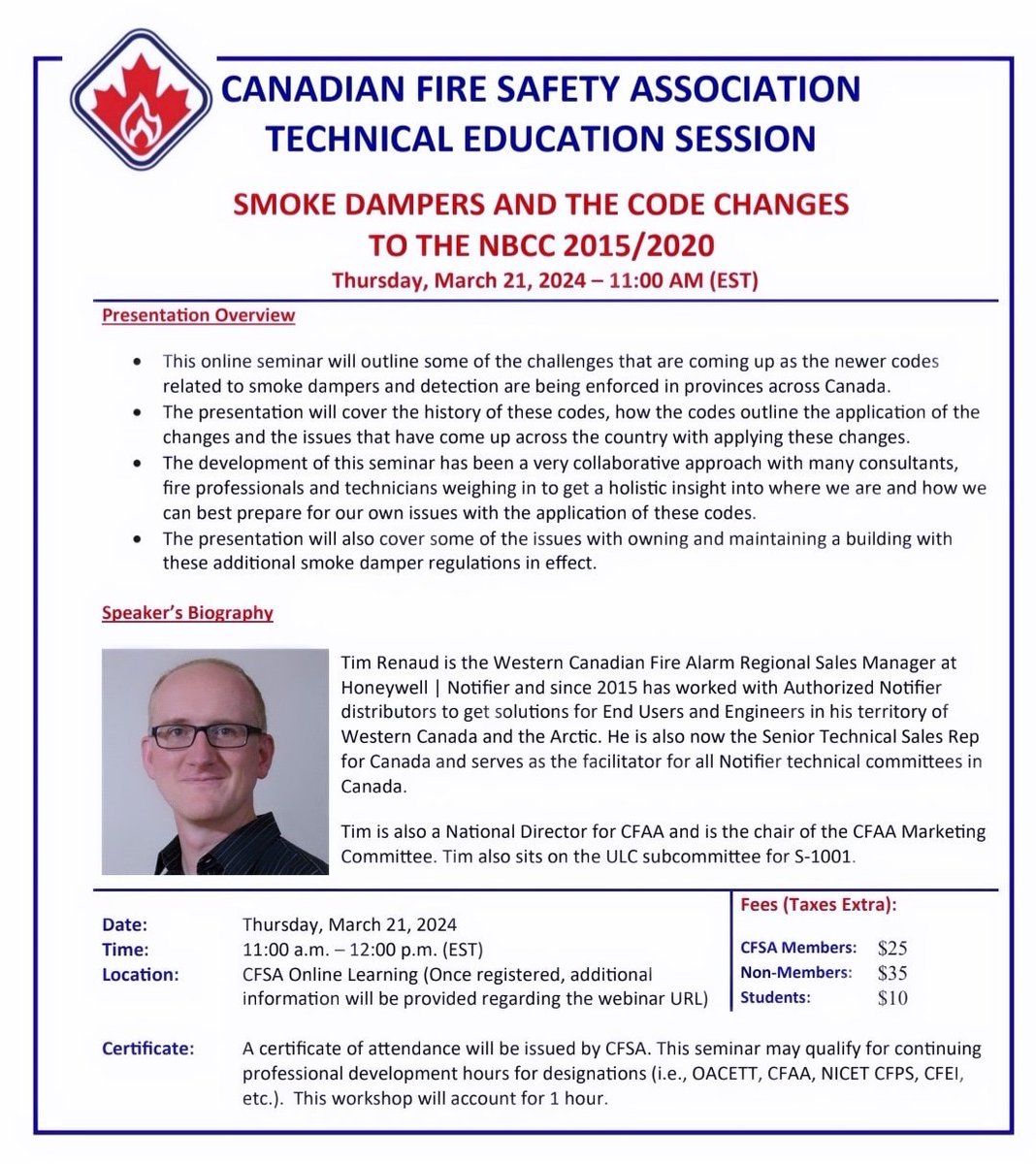 Two days left to sign up for our first virtual Tech Session of the year.  Tim Renaud presents Smoke Dampers and the Code Changes to the NBCC 2015/2020. Register on our website at canadianfiresafety.com/events/upcomin….