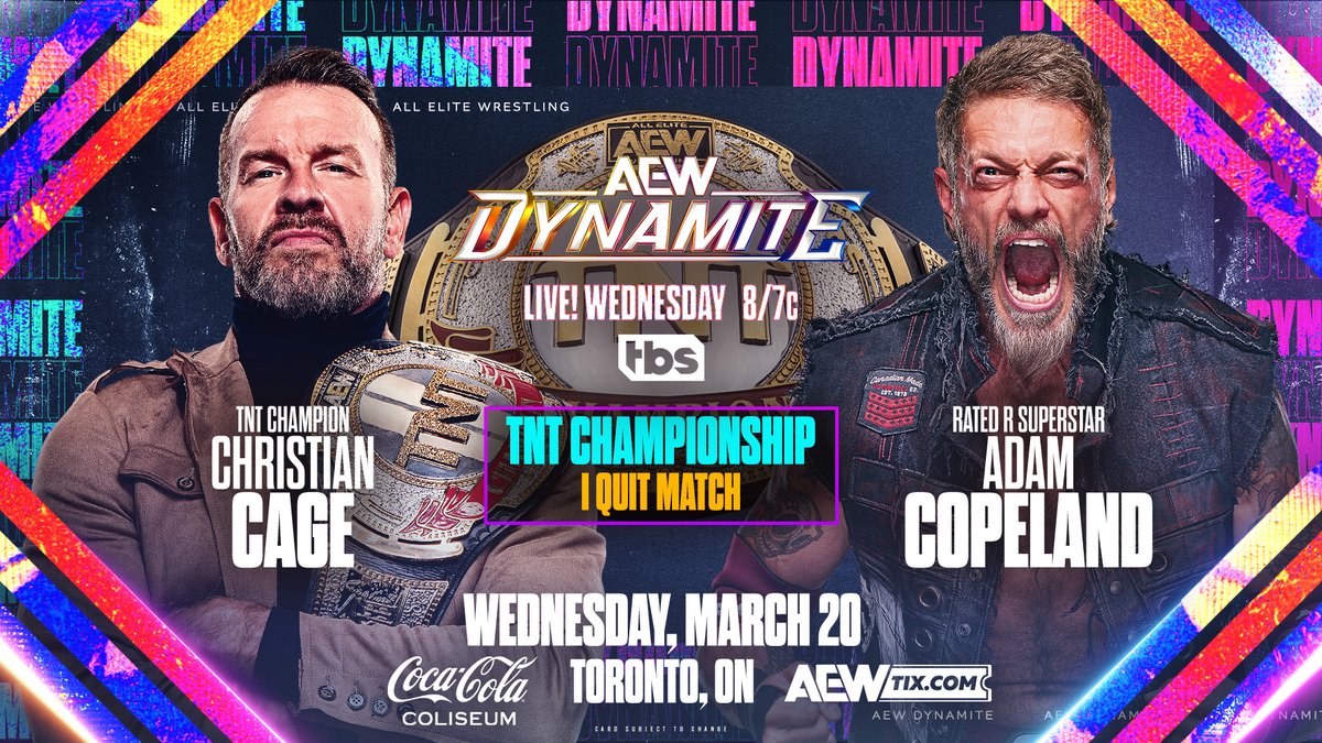 TOMORROW! @CocaColaClsm | Toronto, ON #AEWDynamite LIVE 8/7c | TBS TNT Title: I Quit Match! Christian Cage (c) vs. Adam Copeland Will the score finally be settled in the rematch between brutal rivals @RatedRCope & TNT Champ @Christian4Peeps in Toronto?