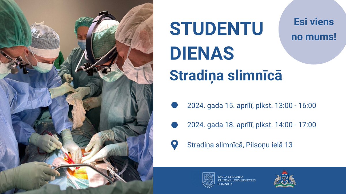 🏥 Studentu dienās 15. un 18. aprīlī <a href="/Stradina_slimn/">Paula Stradiņa Klīniskā universitātes slimnīca</a>  aicina izzināt rezidentūras iespējas, satikt jaunos ārstus un apmeklēt sev interesējošās nodaļas! 
Dalībnieku  skaits ir limitēts, tāpēc reģistrē savu dalību līdz 10. aprīlim: forms.gle/hhKyinwB9fSkrL…