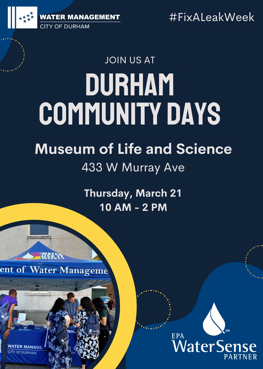 It's day 2 of Fix a Leak Week and we already added another event! Join us @lifeandscience for Durham Community Days on Thursday, March 21 from 10am to 2pm. Our team will be there to talk about #FixaLeak week! Admission to the museum is free for Durham residents. See you there!