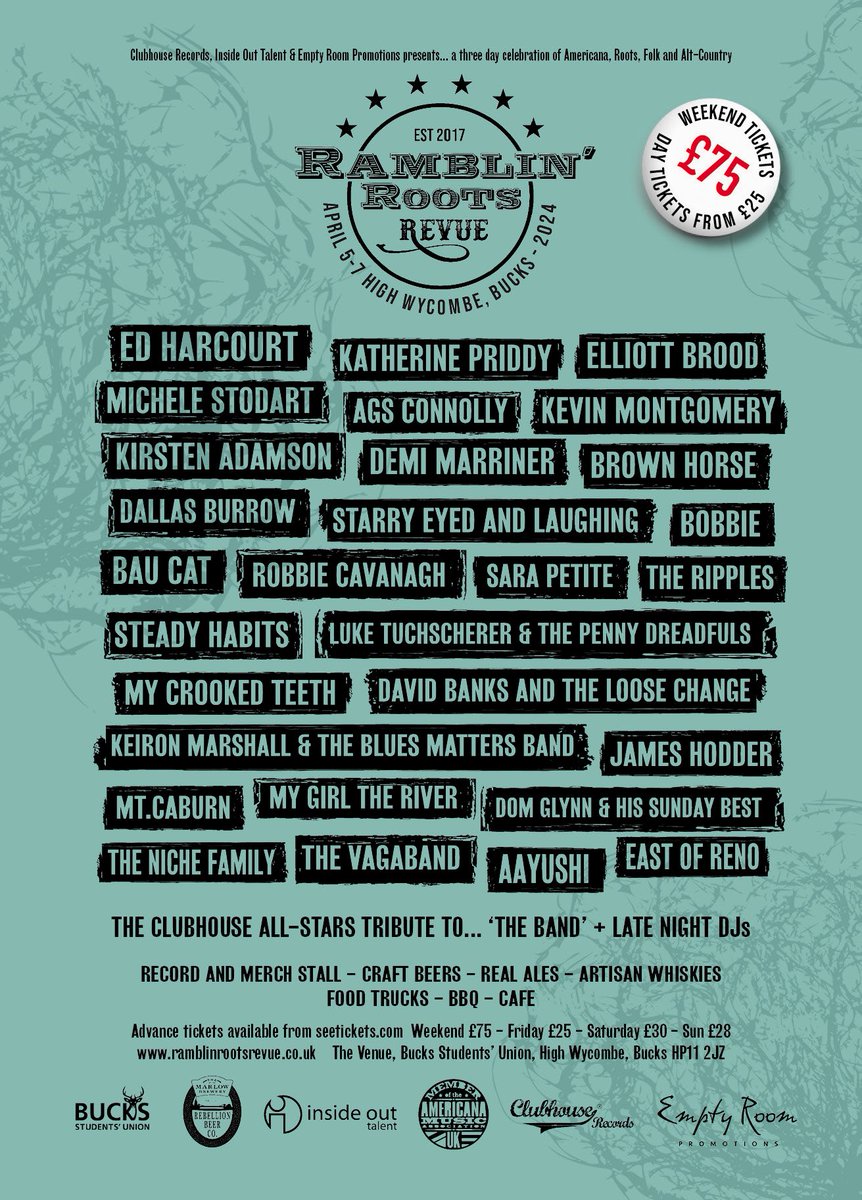 Less than 3 weeks until we open our doors for The Ramblin' Roots Revue 2024!!! A full weekend of americana, alt-country, folk and roots music Tier Two Weekend Tickets - £75 Fri 5th April - £25 Sat 6th April - £30 Sun 7th April - £28 Ticket here: seetickets.com/event/the-ramb…