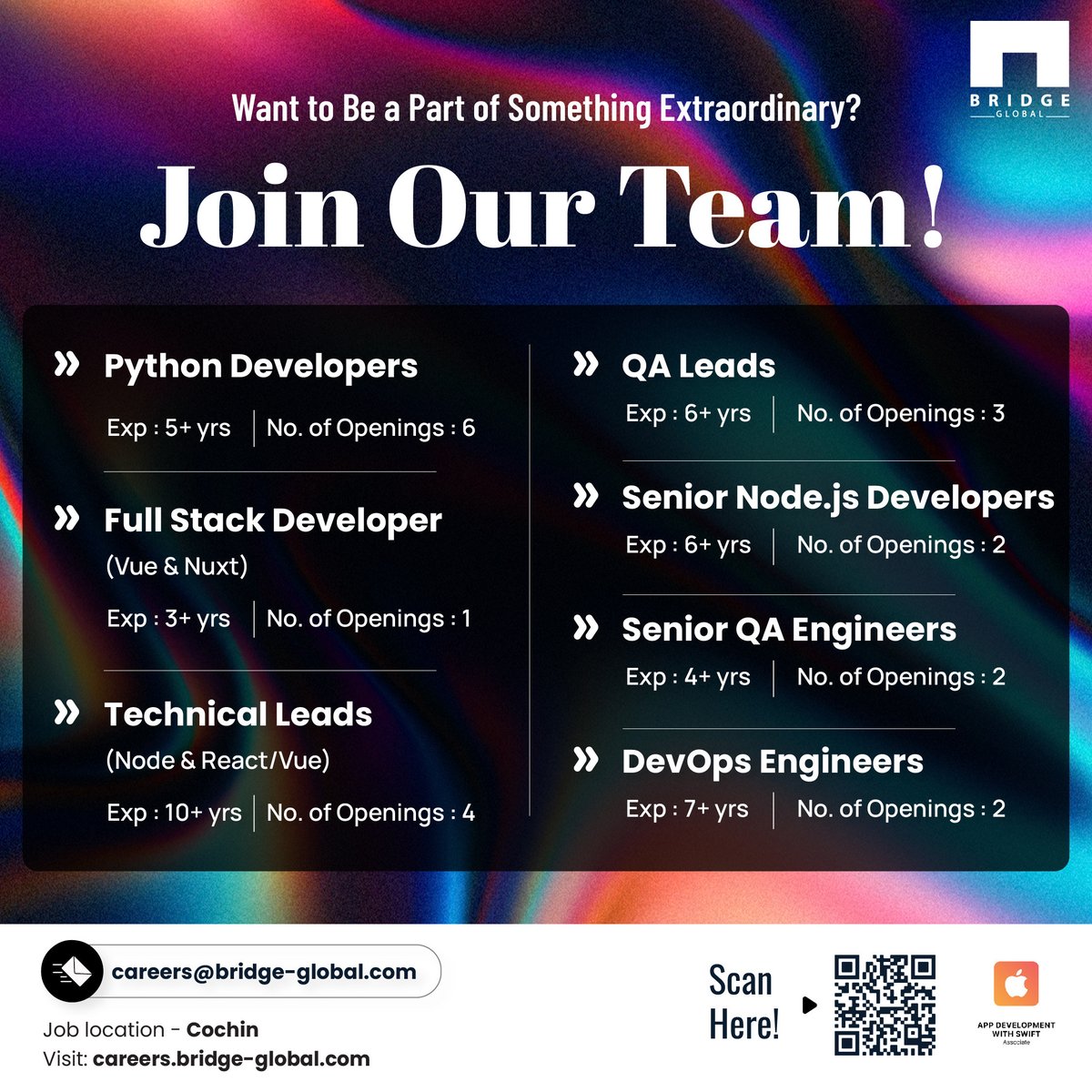 Bridge_Tweed's tweet image. We are looking for competent individuals to fill several job roles. Browse our complete list of openings at careers.bridge-global.com, and mail your CVs to careers@bridge-global.com!

#hiringnow #hiring #hiringdevelopers #hiringalert #technicallead #fullstackdevelopers