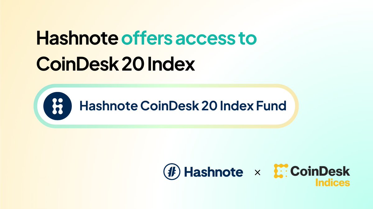 🚀 📣 In a groundbreaking move, Hashnote, the on-chain's first digital asset manager, has unveiled its strategic partnership with @CoinDesk Indices. Hashnote CoinDesk 20 Index Fund, provides regulated and compliant access to the CoinDesk 20 Index. Press Release 👇