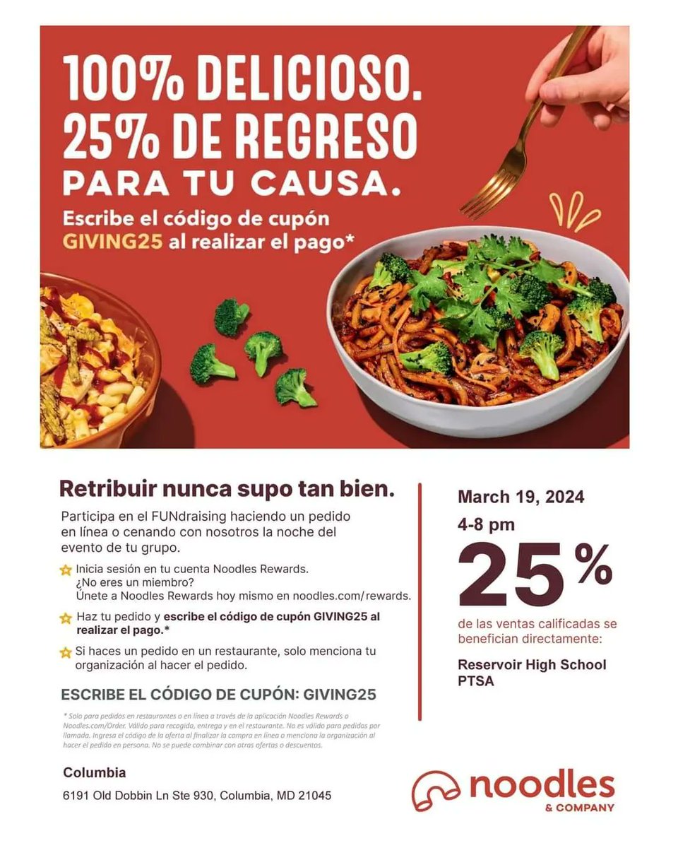 TODAY!!  March 19th 4-8 pm at the Dobbin Lane Location

Come on out and join us to help support the Reservoir PTSA!
noodles.com   Enter Coupon code GIVING25.

<a href="/hcpss_rhs/">Reservoir HS</a>