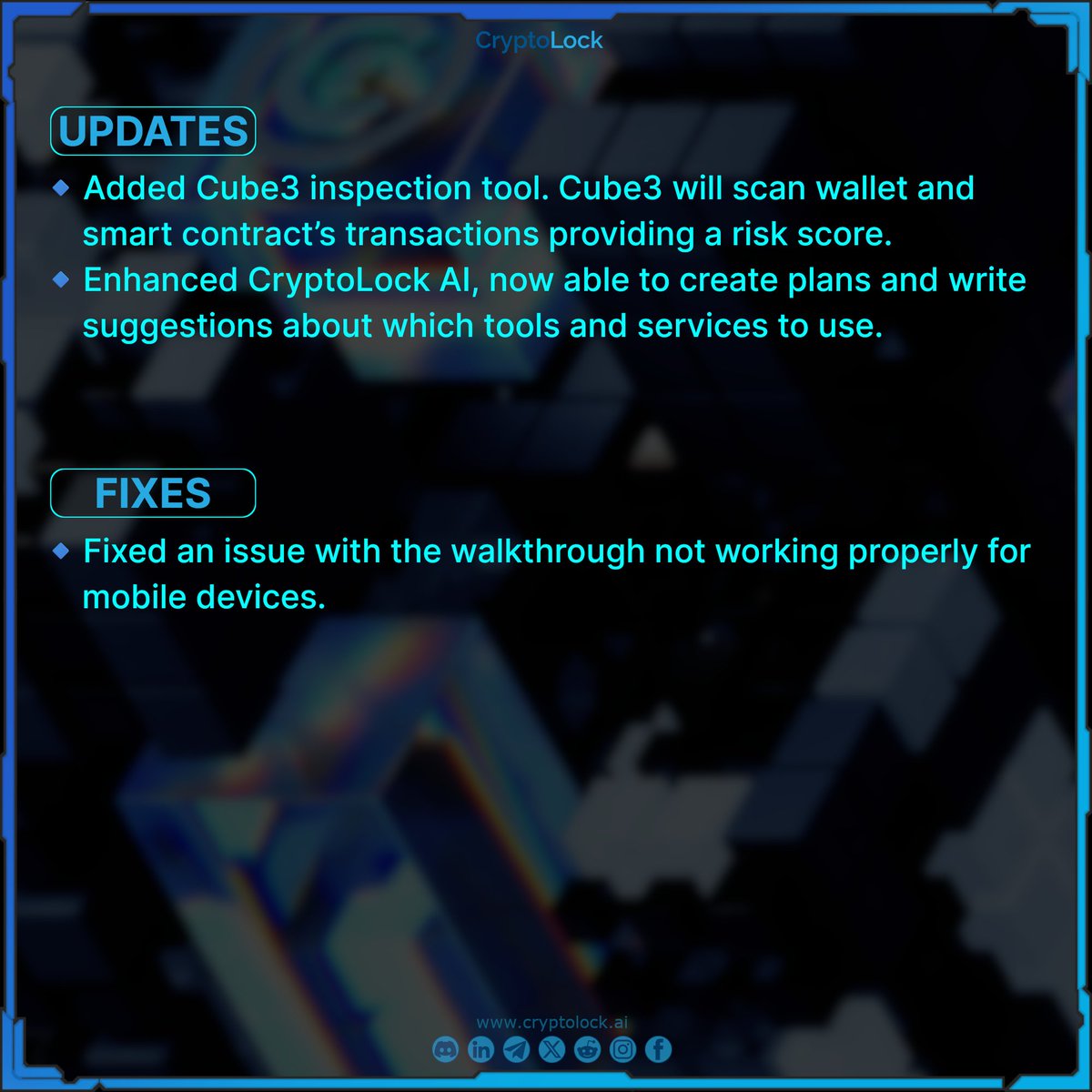 CryptoLockAI's tweet image. Hello CryptoLock Community!
With today’s update, we introduce a new inspection tool by Cube3 AI and other general fixes. While we keep adding amazing new services and tools to the AI, we understand that sometimes searching for the right option might take more time than usual.

To…