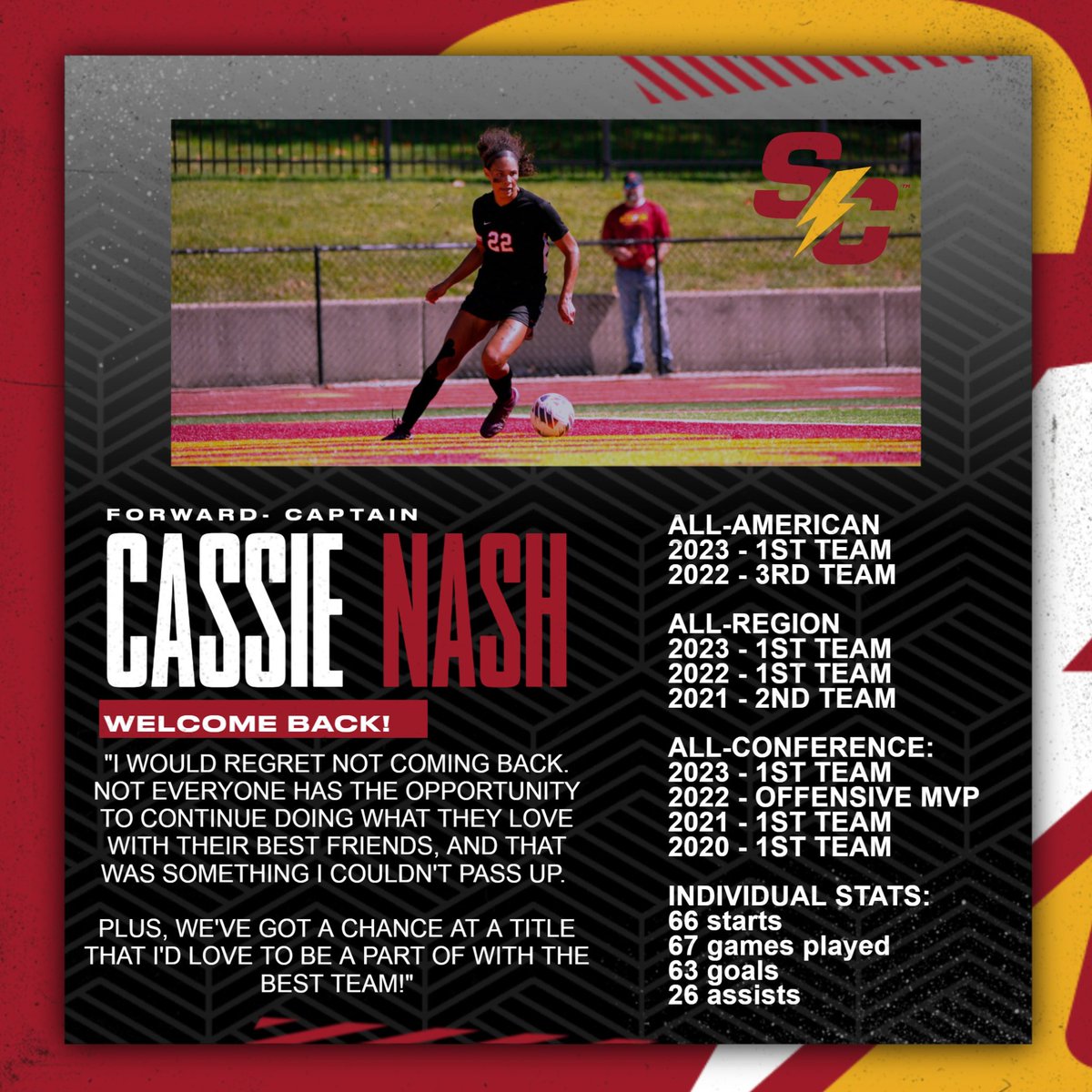 🎉🚨Fifth-Year Announcement🚨🎉

Cash is back!! She’s not ready to hang up the cleats just yet. We’ve got something special in store for ‘24 and we’re excited to have Cash’s scoring and leadership back to the team! 

#RollStorm