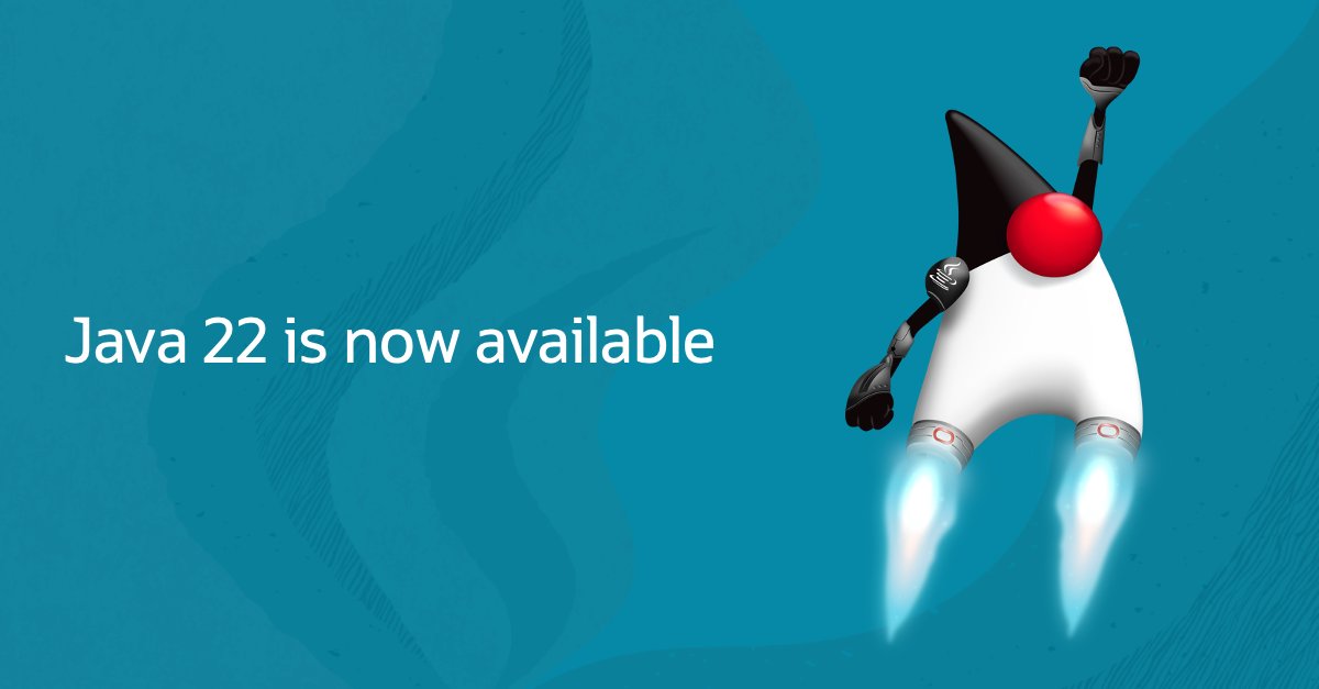 java's tweet image. Java 22 is now available! #Java22 #JDK22 #OpenJDK 

Download Now: social.ora.cl/6013kSDbJ
Release notes: social.ora.cl/6014kSDbK
API Javadoc: social.ora.cl/6015kSDbz
Features: social.ora.cl/6016kSDbg
Inside Java on JDK22: social.ora.cl/6017kSDb9