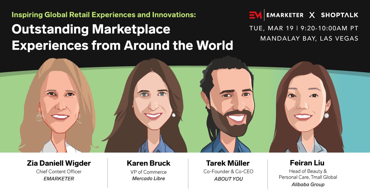 @zdwigder, Chief Content Officer at @EMARKETER, takes the stage soon at @shoptalk! Don't miss her panel, Outstanding Marketplace Experiences from Around the World, with leaders from @AlibabaGroup, @aboutyou_com, and @Mercadolibre. shoptalk.com/us/agenda #shoptalk