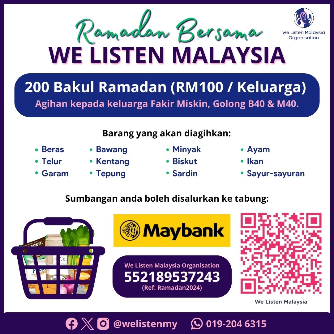 welistenMY's tweet photo. 30 set Bakul Ramadan akan diagihkan malam ini. Our fund is depleting real bad. Jumlah yang memohon melebihi 300 keluarga. 

Please help us in terms of funding. We can’t do this without your help. Bantu sebarkan. 💜

552189537243
Maybank 
We Listen Malaysia
Ref: Ramadan2024 https://t.co/nYBKDkoGqh