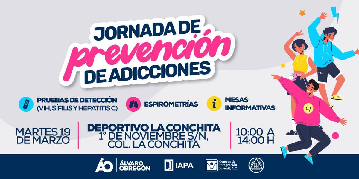 Te esperamos hoy martes 19 de marzo a las 10 de la mañana en el deportivo de la Conchita para nuestra jornada de prevención de adicciones.