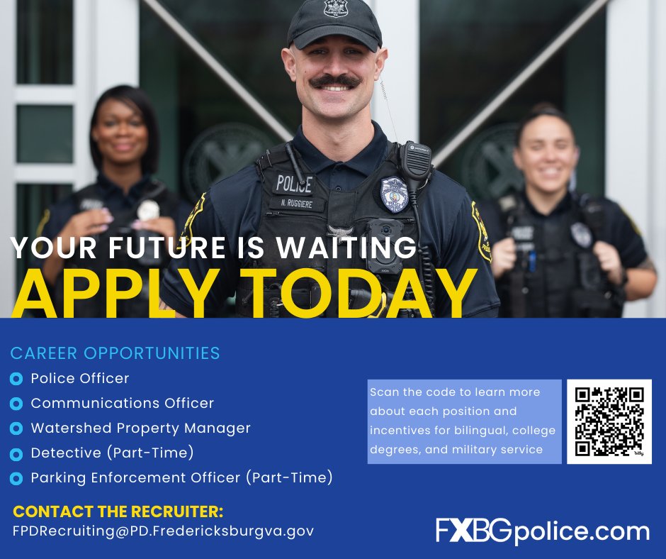 Your future is waiting! Join our team and make a positive impact on the City of Fredericksburg. DCJS Certified Officers, Certified Communications Officers, and applicants with military experience receive a sign-on bonus, and the written test is wavied. Click here to learn more…