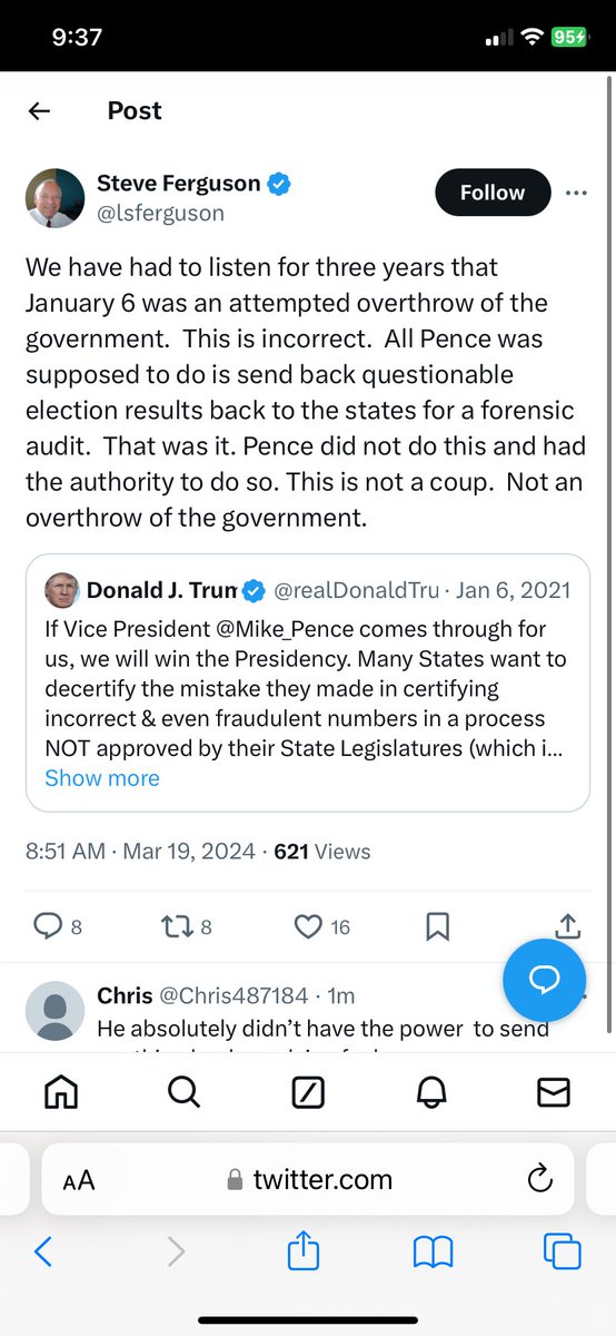 This guy @lsferguson is a lying fuck who claims Pence could have unilaterally sent votes back to states.