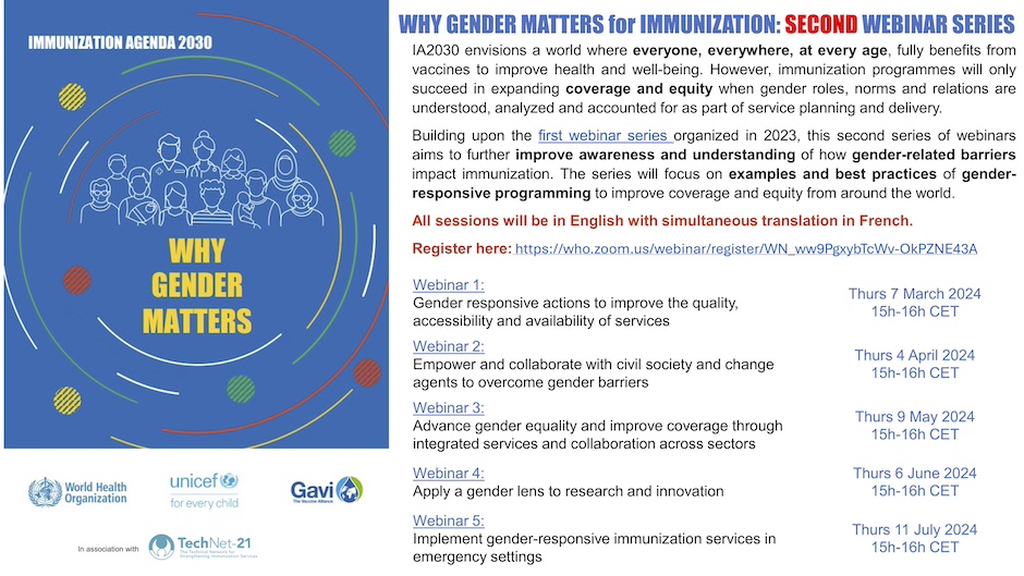 Next session in the webinar series on Why Gender Matters for Immunization: IA2030 Session 2: Empower and collaborate with civil society and change agents to overcome gender barriers 📅Thu 4 Apr 2024 who.zoom.us/webinar/regist… Session in EN with simultaneous translation into FR.
