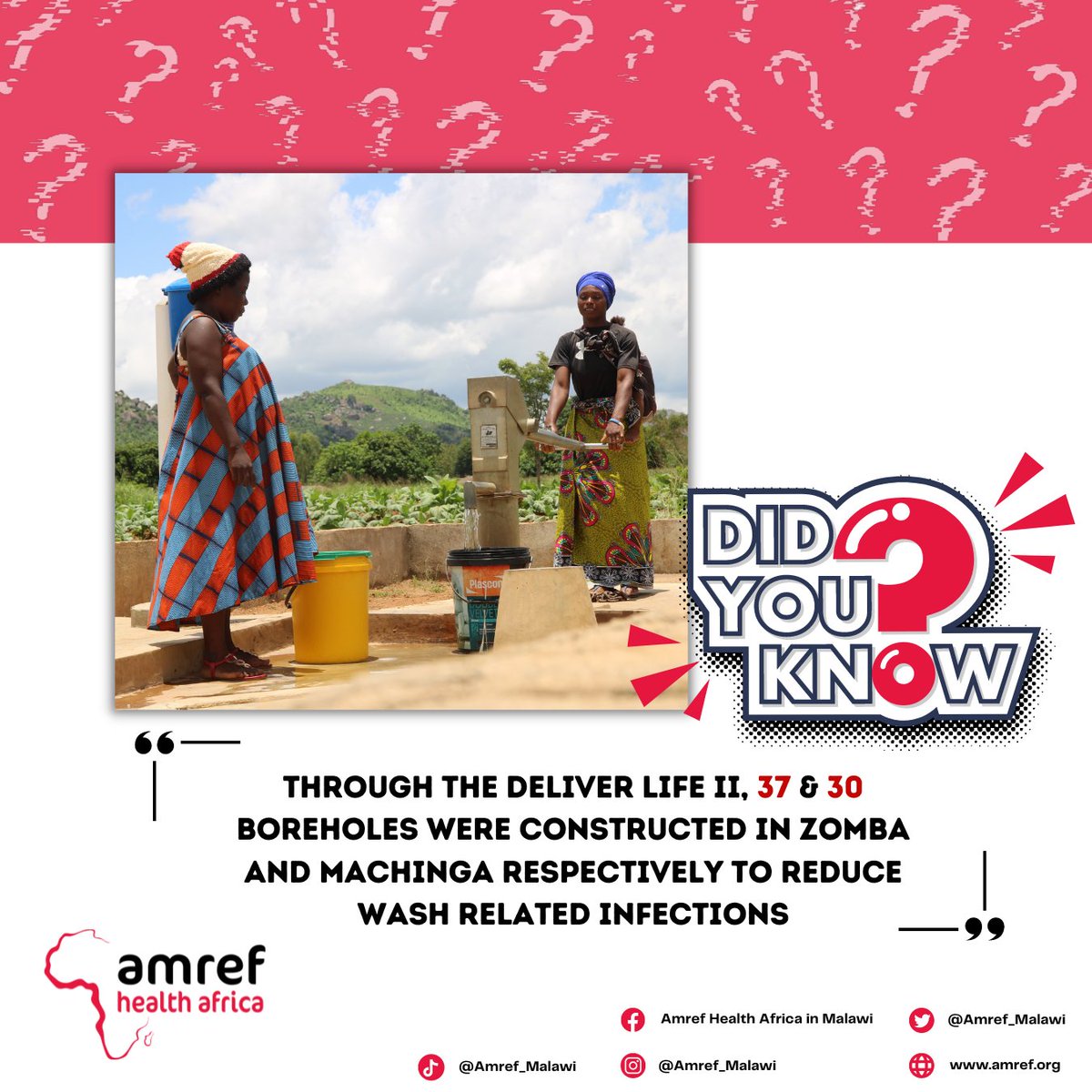 TIPS TUESDAY ‼️ ‼️ 

#DidYouKnow that through the Deliver Life II project, Amref Health Africa in Malawi constructed 67 boreholes (37 in Zomba and 30 in Machinga) to drastically reduce occurrences of WASH related infections like cholera and scabies. 
#TipsTuesday #amrefmw #DYK