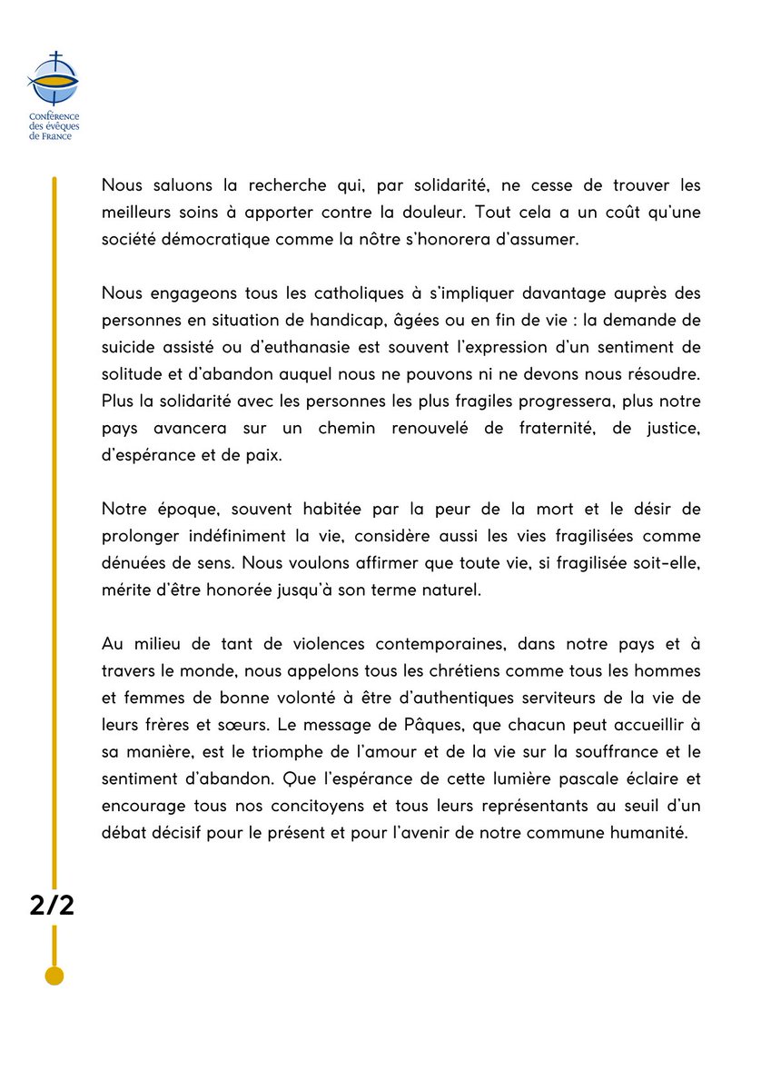 Évêques de France, rassemblés en #APLourdes, lieu de prière et de solidarité avec les personnes les plus fragiles, nous exprimons notre grande inquiétude et nos profondes réserves à l’égard du projet de loi annoncé sur la  #FinDeVie