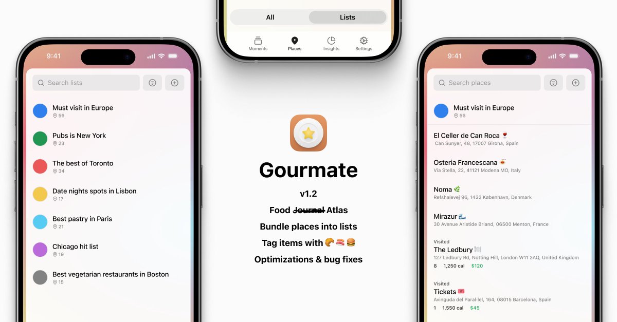 🚀 Launching Gourmate 1.2 &amp; we're now Gourmate: Food Atlas! 🍔🌍

Level up your food game: map out your eats &amp; spots with customizable lists &amp; emojis. 📝

We've squashed bugs &amp; tuned up for your food tracking pleasure. 

apps.apple.com/ca/app/gourmat…