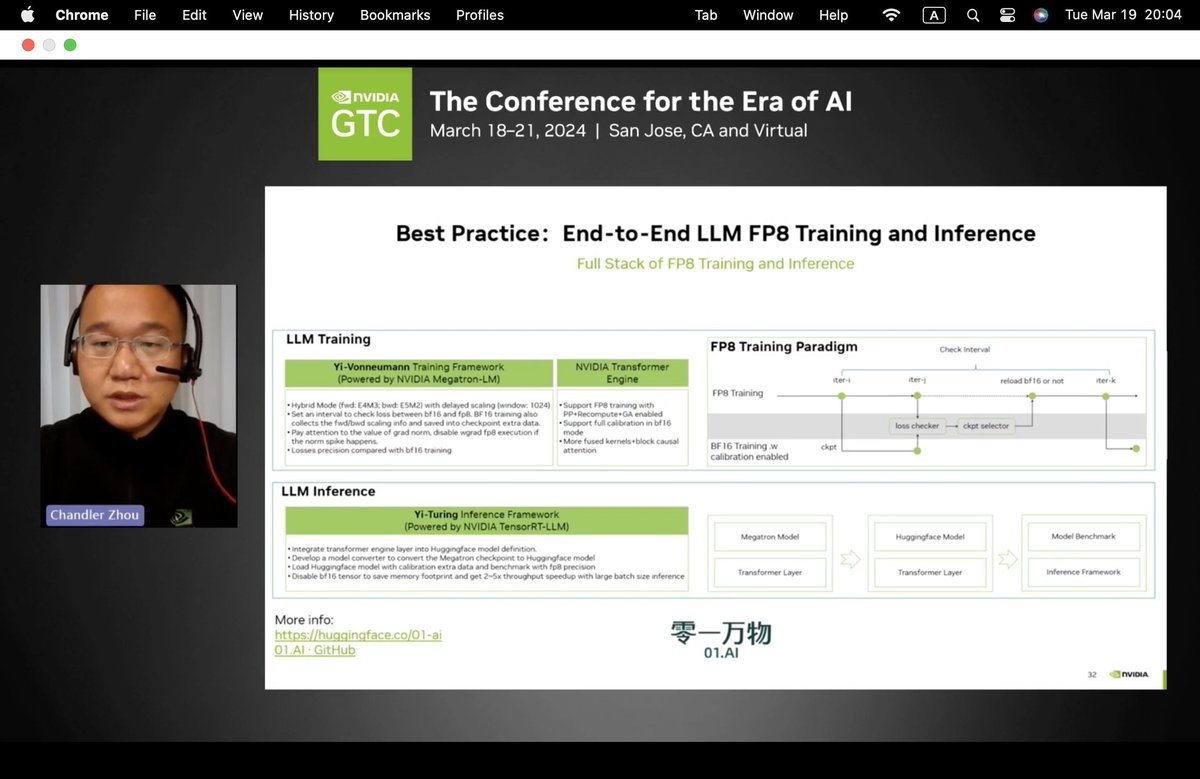 Hello #GTC2024!! Impressive work done by 01.AI amazing infra team, presented as a @nvidia official best practice for end-to-end FP8 training and inference. Our larger model is under way 💪💥